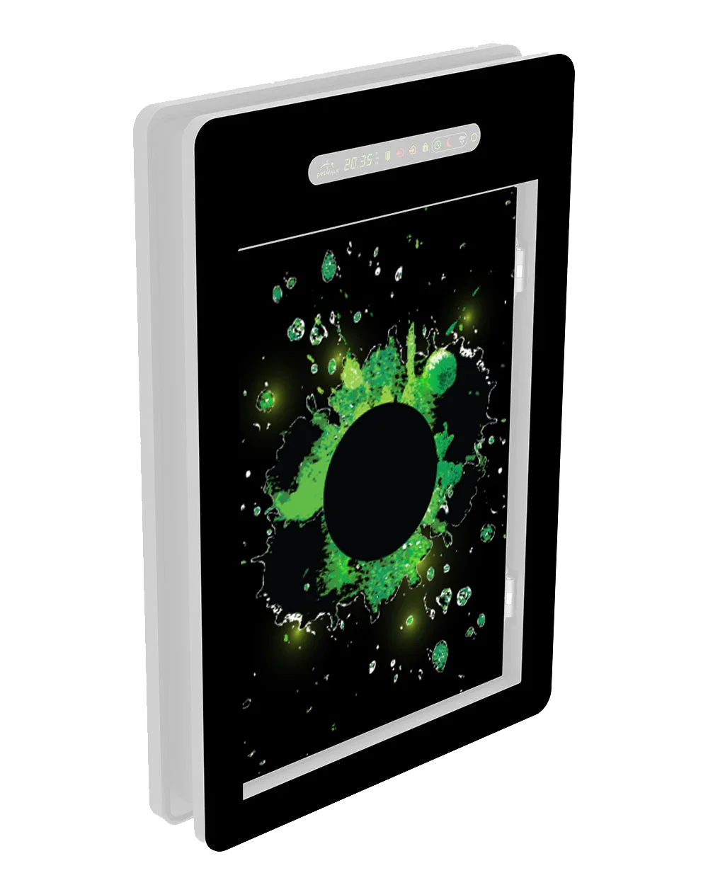Smart pet door with digital display, green splash design, and chip access control for secure, energy-efficient pet entry.