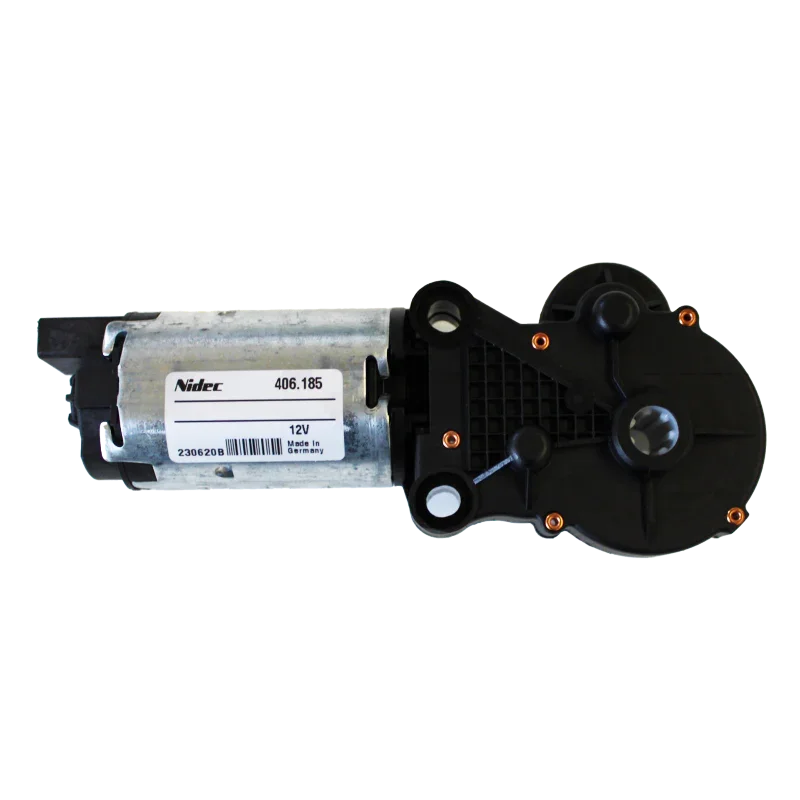 Nidec 12V motor for pet door, German-made, model 406.185, with black gear housing and copper terminals