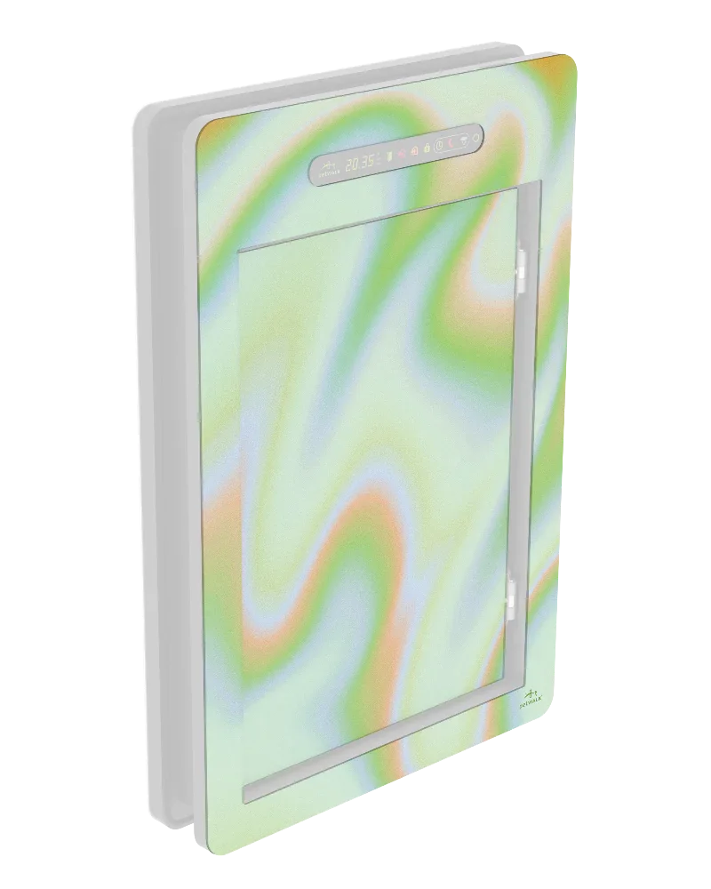 Modern pet door with colorful swirl design, digital display, and chip access for secure, energy-efficient pet entry.