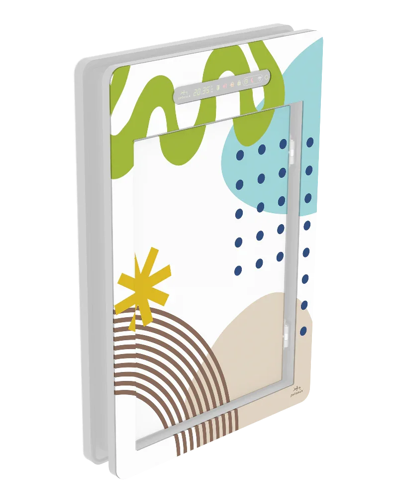 Modern pet door with colorful abstract design, digital display, and secure chip access for pets