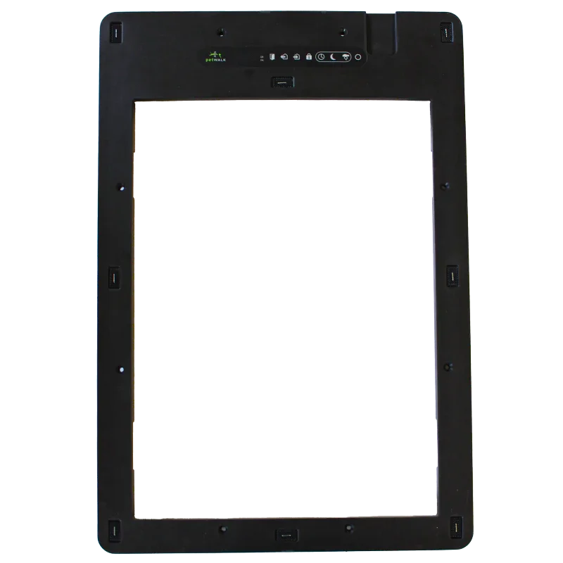 Black pet door frame with control panel, chip access, and alarm features for secure, energy-efficient pet entry.