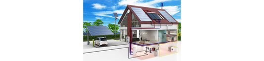 Modern energy-efficient home with solar panels, electric car charging, and smart heating system