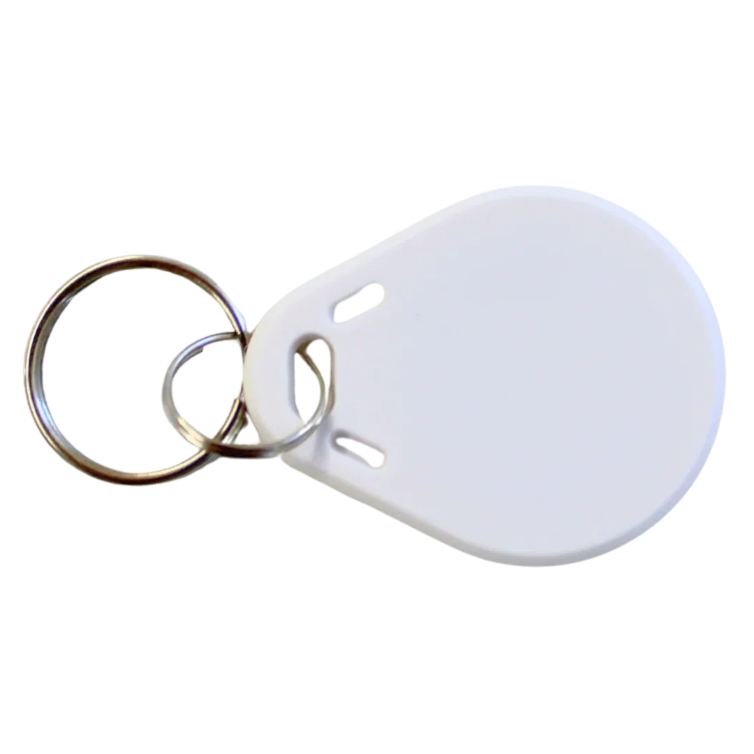 White pet access tag with keyring for secure chip-based entry to pet doors